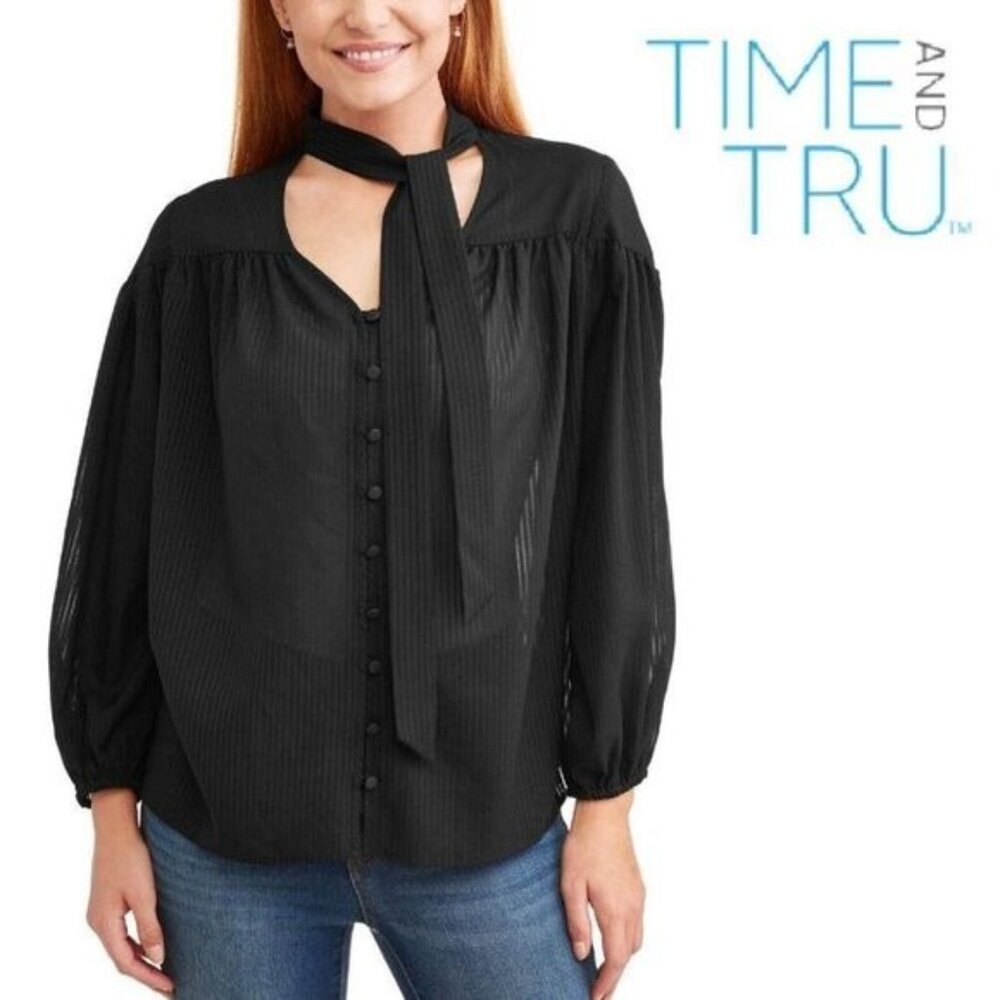 TIME AND TRU Women's Tie Neck Button Down Top Long Sleeve V‎ Neck Blouse